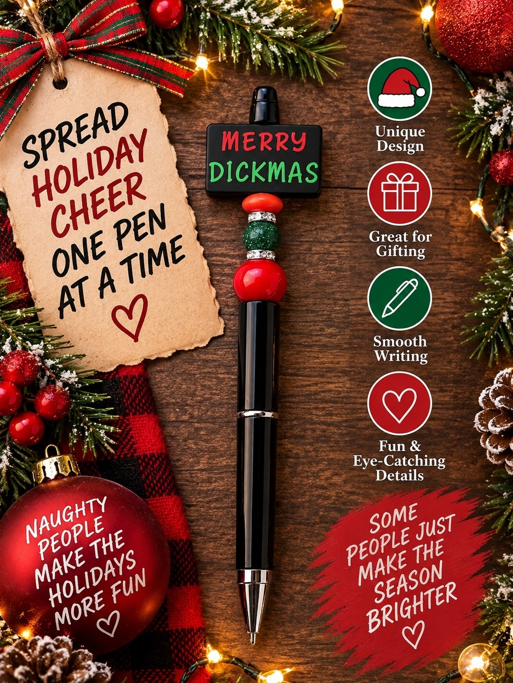 Merry Dickmas Black & Red Holiday Handmade Novelty Pen!!